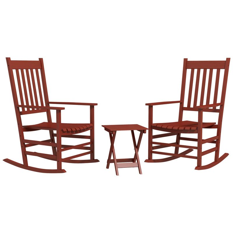Outsunny Wooden Rocking Chair Set, Curved Armrests, High Back, Slatted Top Table Outdoor Rocker Set, Red, 4 of 7
