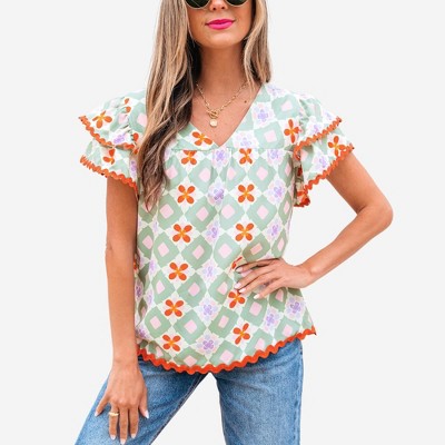 Amaryllis Women’s Retro Floral Diamond Print Blouse Short Flutter Sleeve Loose Fit Lightweight Casual Top