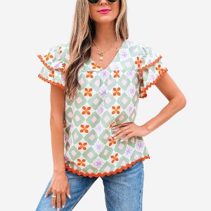 Amaryllis Women’s Retro Floral Diamond Print Blouse Short Flutter Sleeve Loose Fit Lightweight Casual Top - 1 of 4