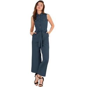 Allegra K Women's Button Down Collared Wide Leg Tie-Waist Sleeveless Cargo Jumpsuits - 1 of 4