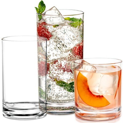 Le'raze Acrylic Drinking Glasses [Set of 18] Glassware Set Includes 6-17oz Highball Glasses, 6-13oz Rocks Glasses, 6-7 oz Juice Glasses