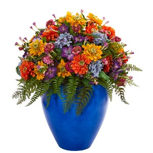 Nearly Natural Giant Mixed Floral Artificial Arrangement in Blue Vase - 1 of 1