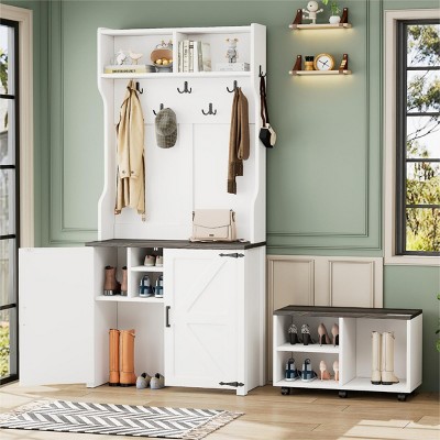 Sue Hall Tree With Entryway Movable Bench,Coat Rack,Shoe Racks,7 Hanging Hooks and Shoe Storage Cabinet -Maison Boucle