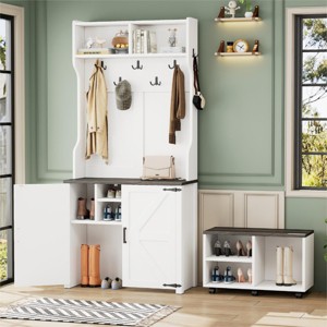 Sue Hall Tree With Entryway Movable Bench,Coat Rack,Shoe Racks,7 Hanging Hooks and Shoe Storage Cabinet -Maison Boucle - 1 of 4