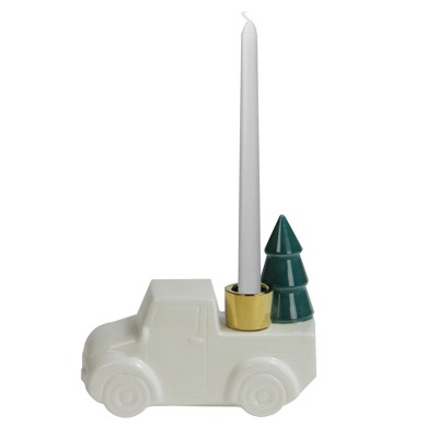 Northlight 6 White Ceramic Truck with Christmas Tree Taper Candlestick Holder
