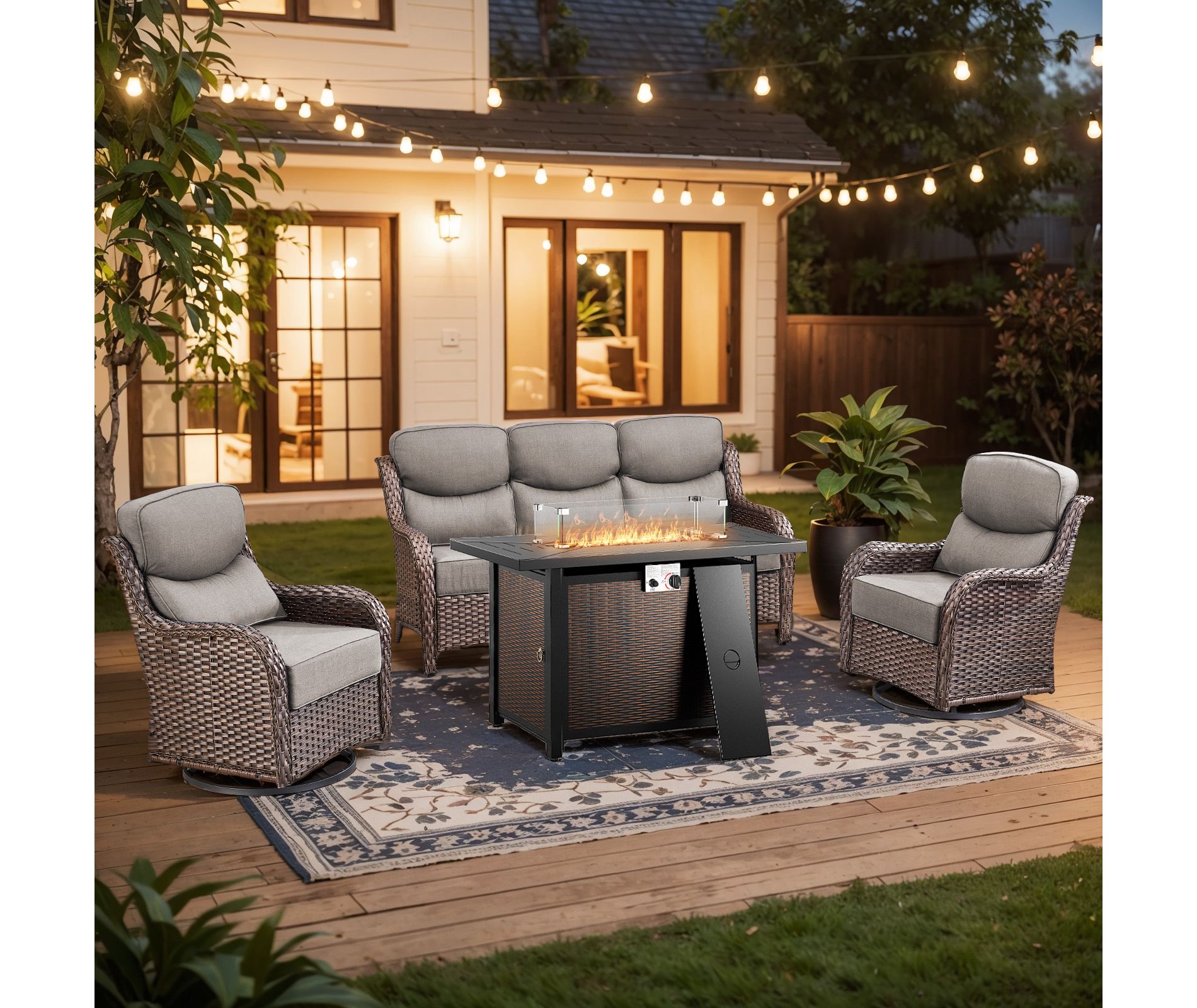 Gymojoy 4 Pieces/5 Pieces Outdoor Fire Pit Table w/ Patio 6in Sofa Swivel Glider Chairs Table Set