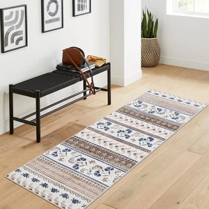 Boho Floral Washable Area Rug - Foldable Thin Non-Slip Carpet, Stain Resistant Non-Shedding Mat for Living Room, Bedroom, Kitchen Dining Room Decor - 1 of 4