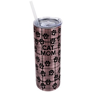 Elanze Designs Plaid Paw Prints Bubblegum Pink 20 Ounce Double Wall Stainless Steel Glitter Travel Tumbler With Sliding Lid And Straw, Cat Mom - 1 of 4