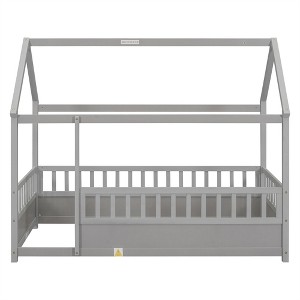 COWLOWN Twin Size House Frame Floor Bed with Roof & Fence Guardrails, Wooden Children's Bed for Play & Sleep - 1 of 4