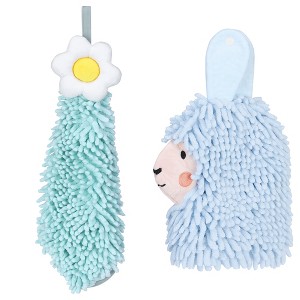 REGALWOVEN Soft Absorbent Flower Pattern and Sheep Pattern Chenille Hand Towel with Loop 6" x 15"/7" x 11" 2 Pcs - 1 of 4