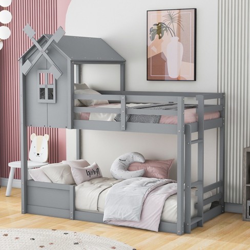 Twin Over Twin Bunk Bed With Roof, Window, Guardrails And Ladder, Gray ...