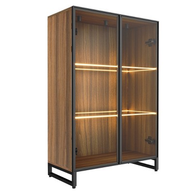 Walnut and Glass Lighted Curio Cabinet with Adjustable Shelves