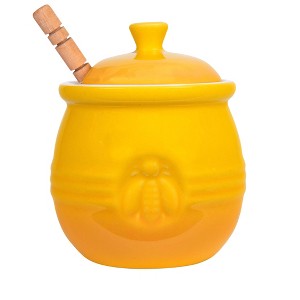 Storied Home Farmhouse Embossed Stoneware Honey Pot with Wood Honey Dipper - 1 of 3