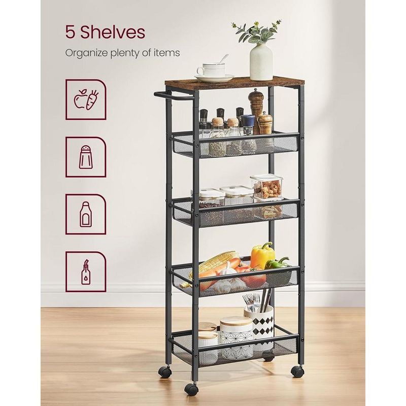 VASAGLE Slim Rolling Cart, 5-Tier Storage Cart, Narrow Cart with Handle, 8.7 Inches Deep, Metal Frame, Rustic Brown and Black, 5 of 8