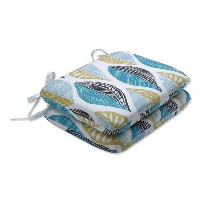 Pillow Perfect Set of 2 Leaf Block Outdoor/Indoor Rounded Corners Seat Cushions Teal/Citron