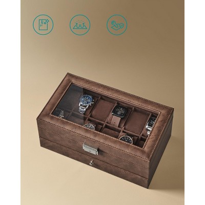 Brown Leather 12-Slot Watch Box with Glass Lid and Drawer