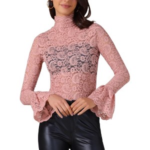 INSPIRE CHIC Women's Floral Lace Mesh Mock Neck Long Bell Sleeve Casual Dressy Blouse - 1 of 4