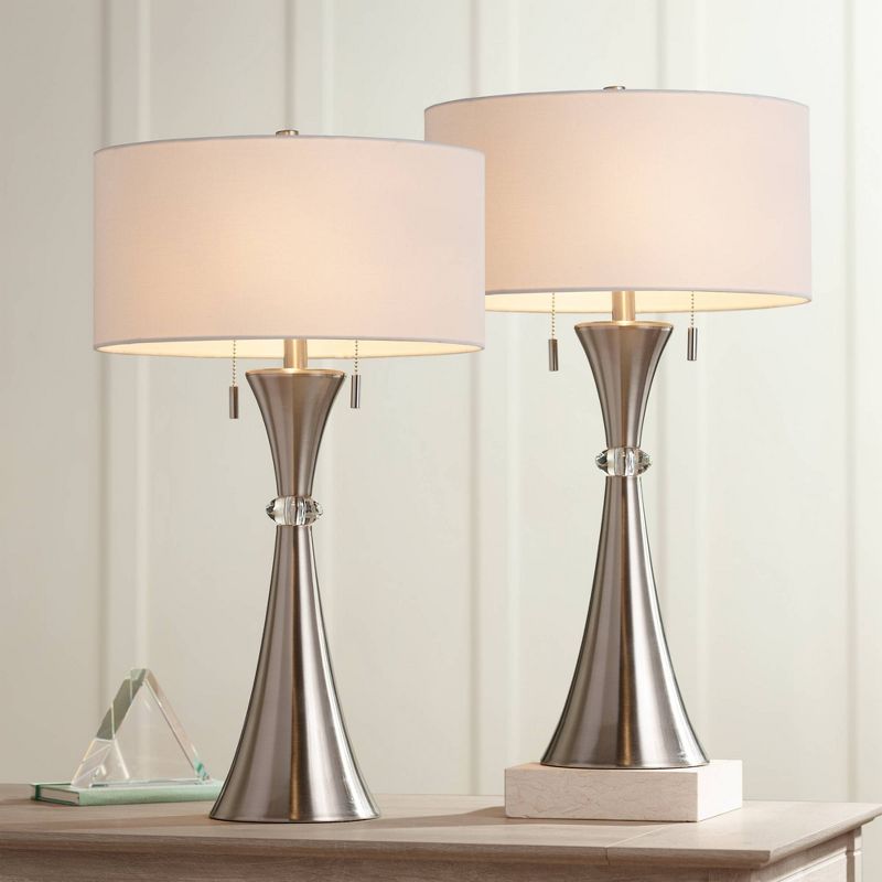 360 Lighting Rachel Modern Table Lamps 28" Tall Set of 2 Concave Column Hourglass Metal White Drum Shade for Bedroom Living Room Bedside Nightstand, 2 of 10