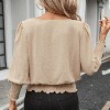 Women's Blouse Puff Sleeve Smocked Waist Scalloped Hem Casual Loose Fit Round Neck Top - 3 of 4
