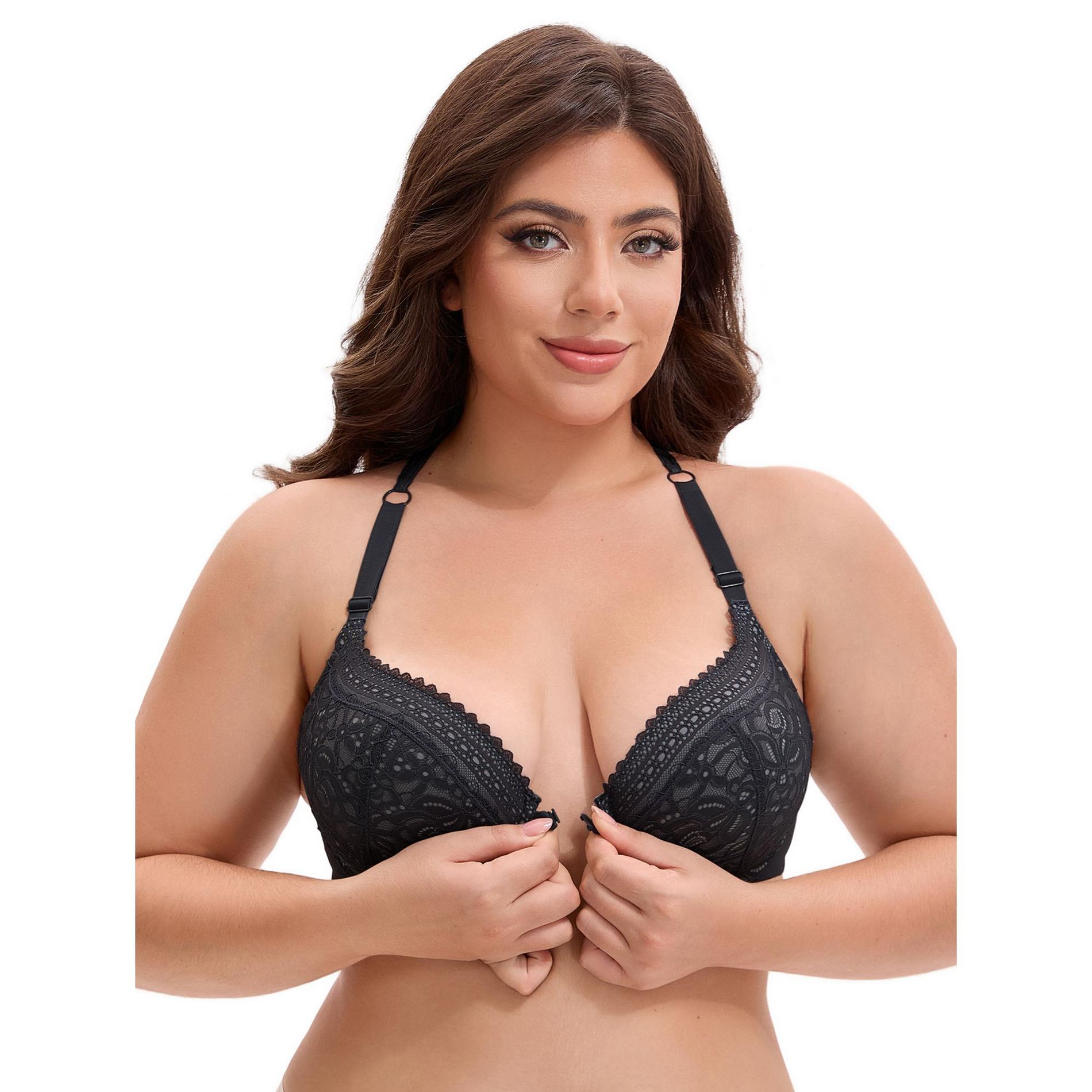 INSPIRE CHIC Women's Lace Front Closure Push Up Underwire Backless Bras Black 44C