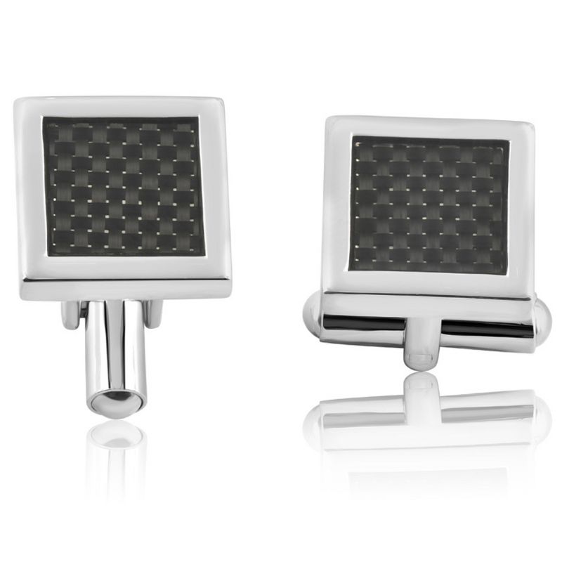 Pompeii3 Men's Stainless Steel And Black Carbon Fiber Rectangle Polished Cufflink 13mm, 1 of 4