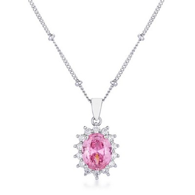 ShineHigh Rhodium Plated Petite Royal Oval CZ Pendant Necklace in Mystic, Red, Pink, Black, Sapphire Blue & Aqua Blue