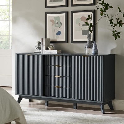 SinCiDo 60" Modern Fluted Dresser w/Sliding Doors & 4 Drawers, Faux Marble Top, Curved Profile Design for Bedroom, Living Room