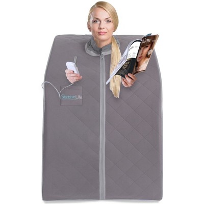 SereneLife Compact Infrared Home Spa | Solo Sauna with Heating Foot Pad and Portable Chair SLISAU10GRY | One Person, Gray, 1 Count