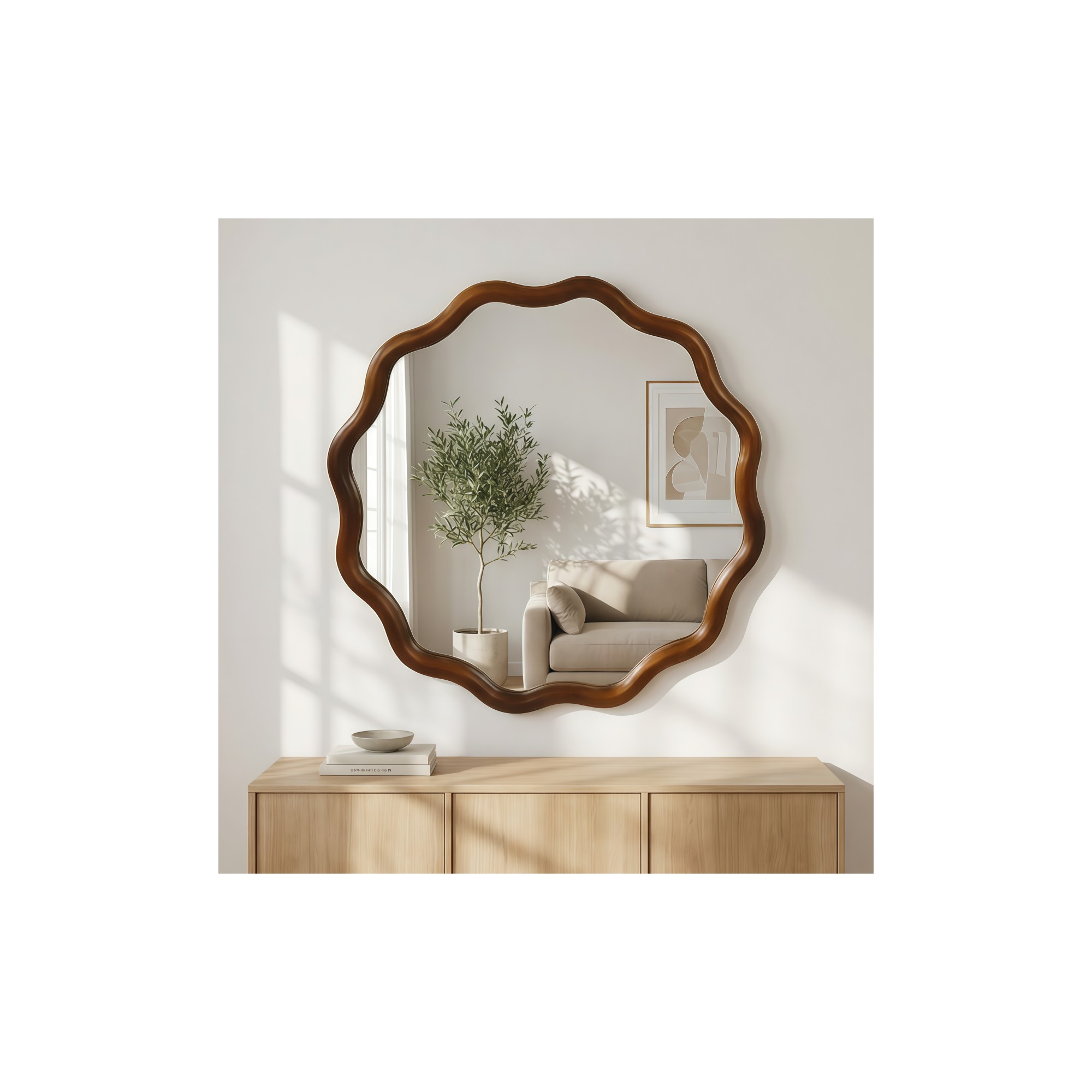 36" Round Decorative Wall Mirror with Wavy Design, Modern Accent Mirror for Bedroom, Bathroom, Living Room, Entryway-Panipeachy