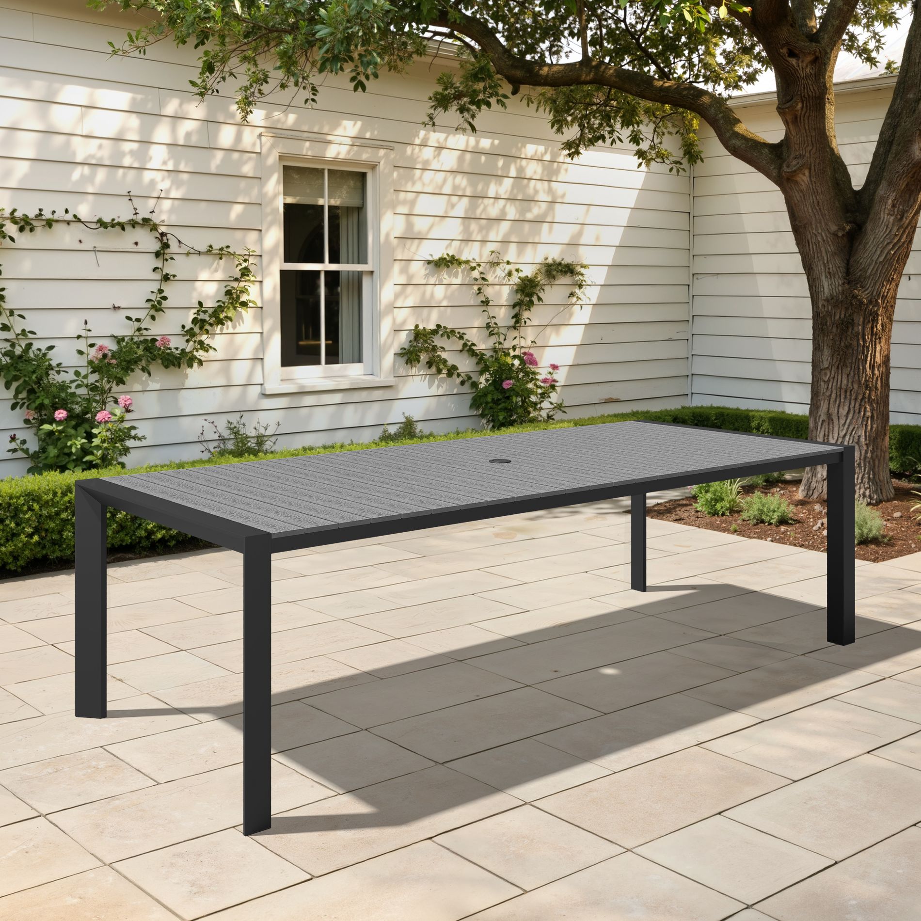 Pellebant 94.5in Outdoor Dining Table Rectangular Patio Table Wood-Look Top Aluminum Frame Umbrella Hole Gray