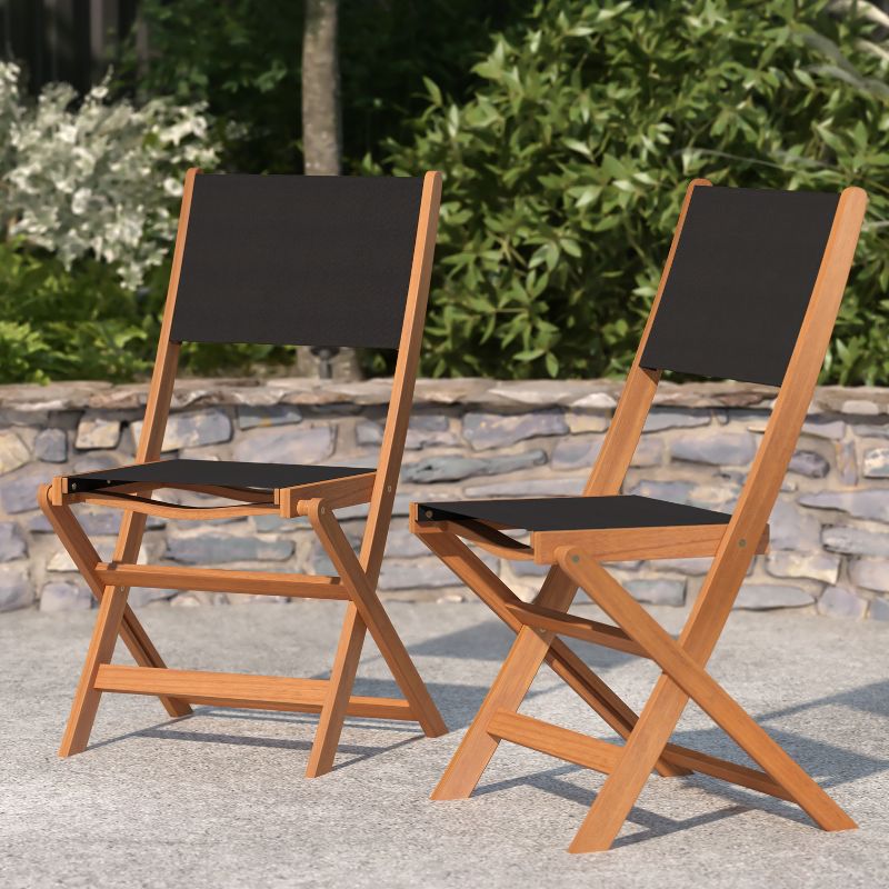 Merrick Lane Set of 2 Indoor/Outdoor Acacia Wood Folding Patio Bistro Chairs with Black Textilene Mesh Back and Seat, Natural, 5 of 13
