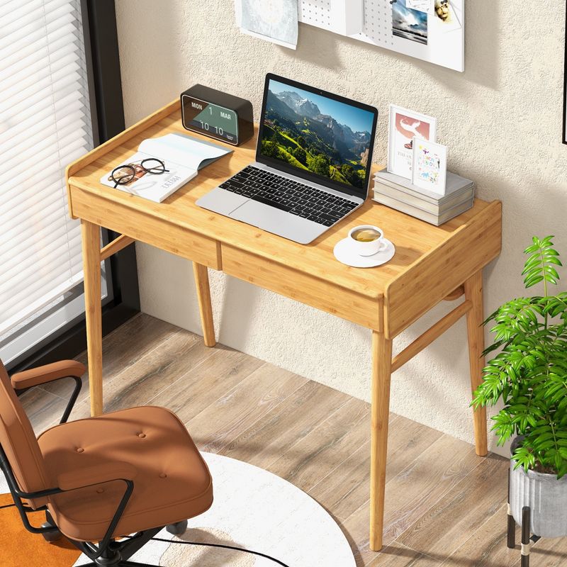 Costway Bamboo Writing Desk 39.5'' Computer Study Desk with 2 Storage Drawers & Open Shelf, 4 of 11