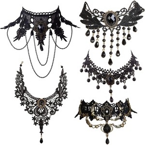 5 Pieces/Set Halloween Sexy Jewelry Women Lady Elegant Lace Choker Necklace Black Neck Chain Collar Statement with Pendant Victorian Wedding Party - 1 of 4