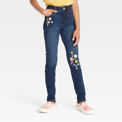 Girls' Mid-Rise Flower Embroidered Skinny Jeans - Cat & Jack™ Dark Wash