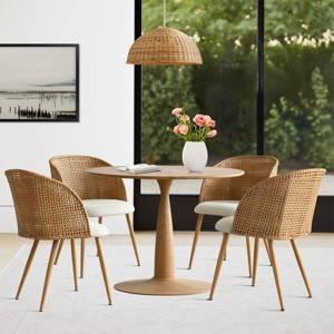 Round Dining Table Set for 4, Modern Pedestal Dining Table, Natural Woven Chairs with Upholstered Seats, Small Kitchen Table-Tanpinhause - 1 of 4