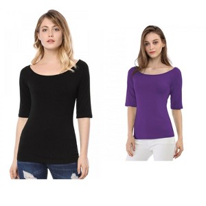 Allegra K Women's Half Sleeves Scoop Neck Fitted Layering Soft T-Shirt 2 Packs - 1 of 4