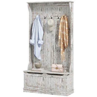 Distressed White Wood Hall Tree with Storage Bench and Coat Rack