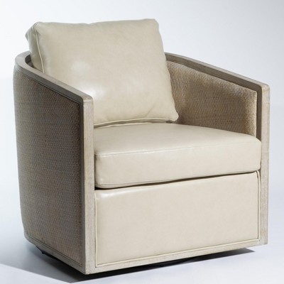 KINWELL 100% Top Grain Genuine Leather Oak Frame Rattan Swivel Barrel Armchair