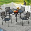 Tangkula 5-Piece Outdoor Furniture Black Metal Patio Dining Set for 4 Large Square Table & 4 Stackable Armchairs w/ Umbrella Hole Slatted Table - 3 of 4