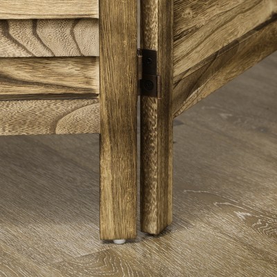 Medium Brown Wood 5.5' Folding 4-Panel Room Divider with Baroque Print