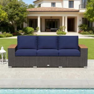 89" Outdoor 3 Seat Wicker Patio Sofa with Cushions and Wood Grain Armrests, All Weather Couch for Deck or Garden -3irtyhousy - 1 of 4