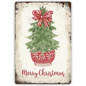 Lomsoe Red and White Stripe Bowknot Christmas Tree Metal Signs,Red and White Vase Porcelain Christmas Tree Sign 8x12 Inch Christmas Gift - 1 of 4