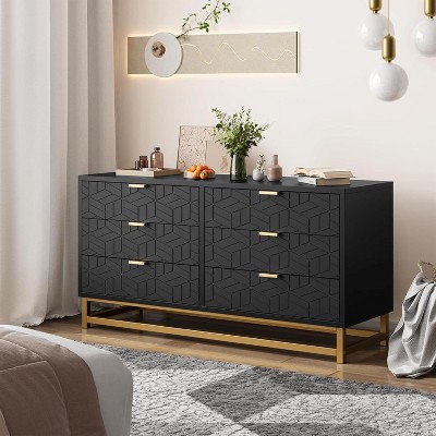 Homhougo Black Dresser for Bedroom, 6 Drawer Dresser with Metal Legs, Modern Dressers Chest Organizer with Wide Storage, Wood Chest of Drawers