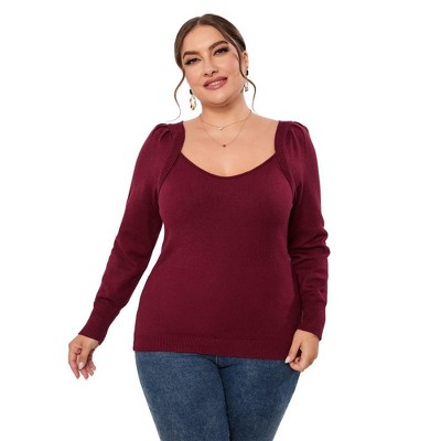 Womens Plus Size Knit Tops Long Sleeve Sweetheart Neck Sweaters Casual Tunic Tops