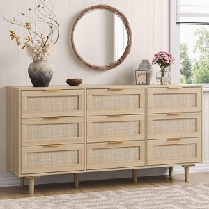 Angel Sar 59'' Rattan Dresser for Bedroom, Boho 9 Drawer Dresser with Golden Handles & Hand Woven Rattan Design, Oak - 1 of 4