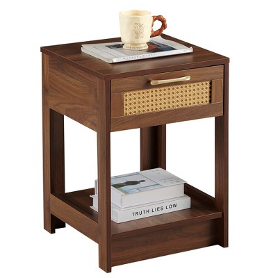 Vynxaria PE Rattan End Table with Drawer ¨C Modern Side Table/Nightstand for Living Room, Bedroom & Office