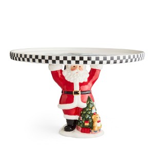 Spode Figural Santa Cake Plate - 11" Dolomite Dessert Stand with Black & White Checkered Border & Christmas Tree Motif - Festive Holiday Serveware - 1 of 4