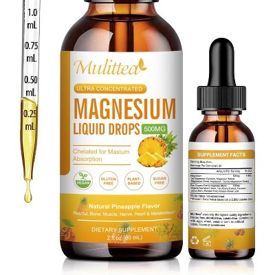 Mulittea Magnesium Liquid Drops Supplement - for Bone, Muscles & Energy - Vegan, Sugar Free, 2 Fl.oz (Pineapple Flavor)