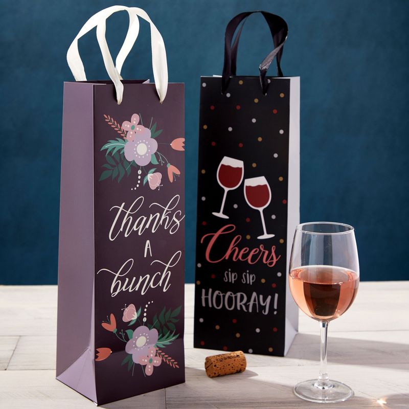 Juvale 12 Pack Wine Bottle Gift Bags with Handles, Bulk Set for Birthdays, Fathers Day, Holidays, Christmas in 4 Designs, 4.6 x 13.7 x 4 In, 2 of 9