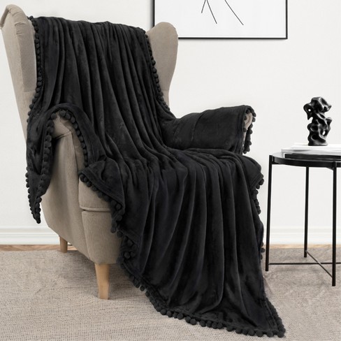 PAVILIA Fleece Pom Pom Blanket Throw for Sofa Bed Soft Lightweight Pompom Fringe Blanket for Couch Black Twin 60x80